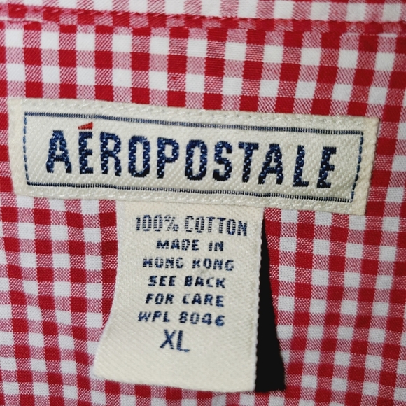 Aeropostale Women's Short Sleeve Collared Snap Up Top Red & White Check 535 - Picture 4 of 6